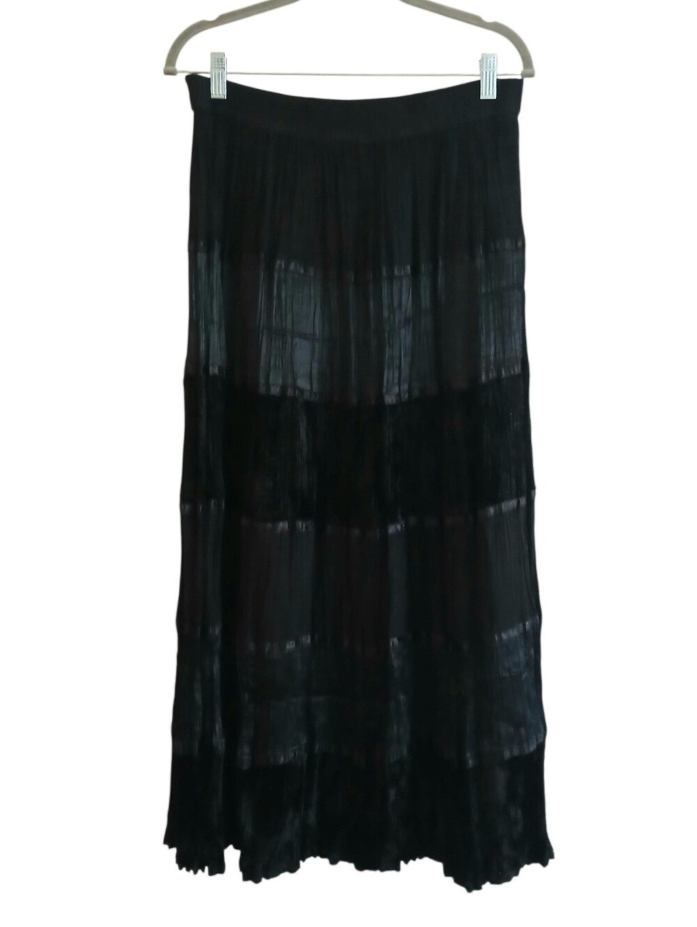 NAPA VALLEY Pleated Tiered Velvet Maxi Skirt Women's M Black Neutral Boho Broom